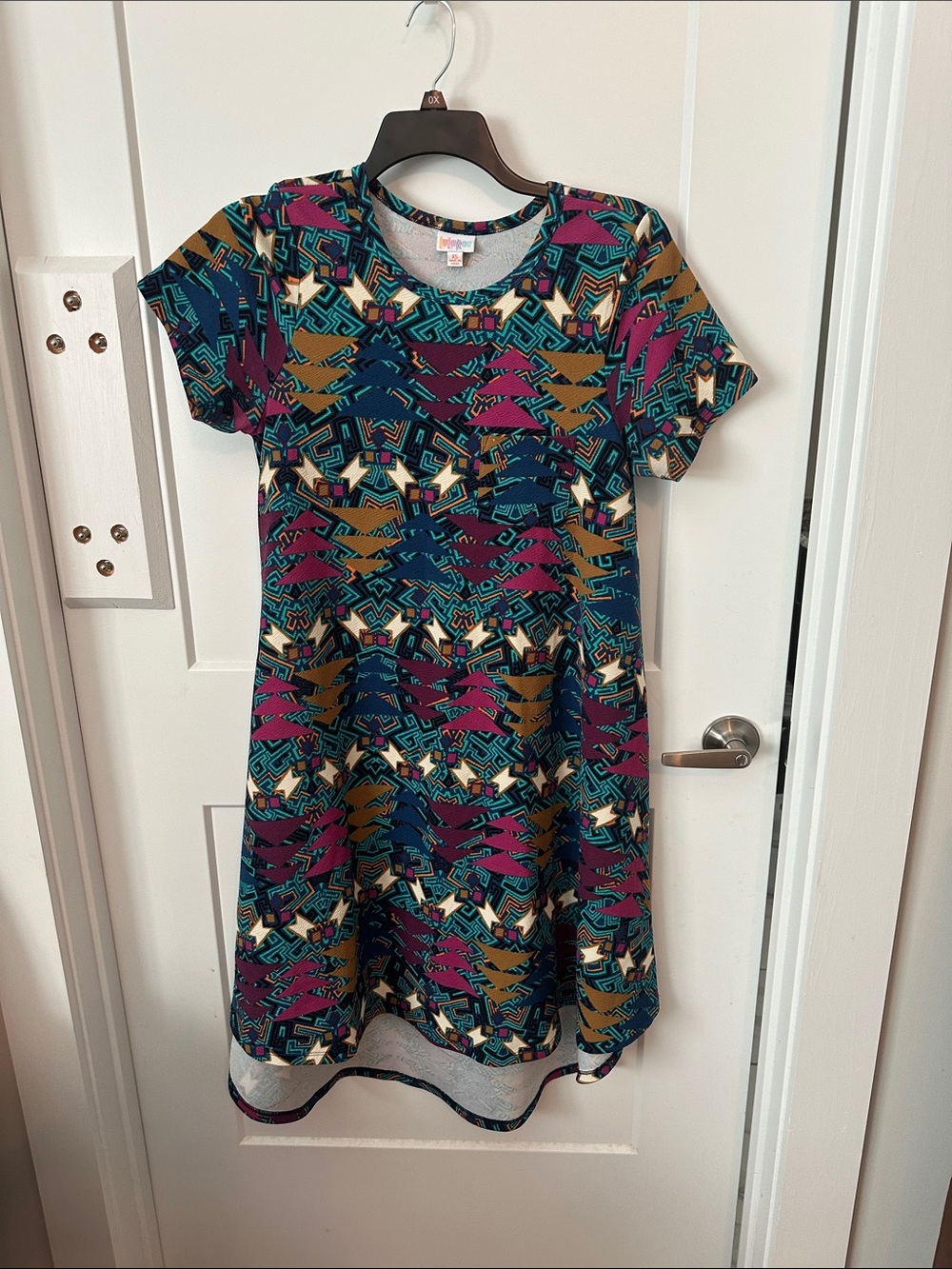 LuLaRoe Short Sleeve Dress in Teal, Purple & Mustard Geometric Print